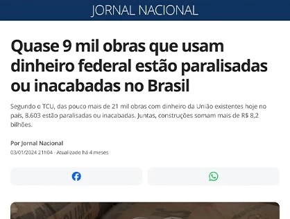 Quase 9 mil obras que usam dinheiro federal estão paralisadas ou inacabadas no Brasil